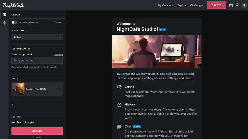 Page d'accueil nightcafe