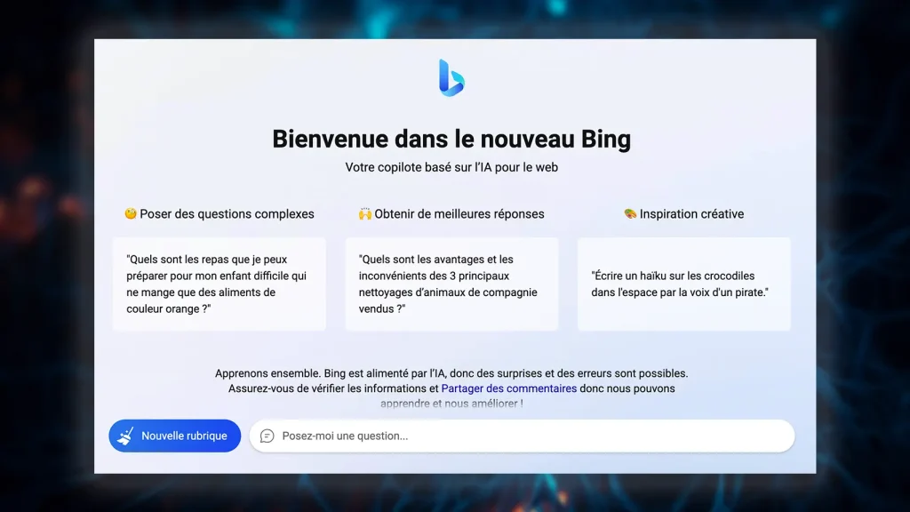New Bing fenêtre d'accueil